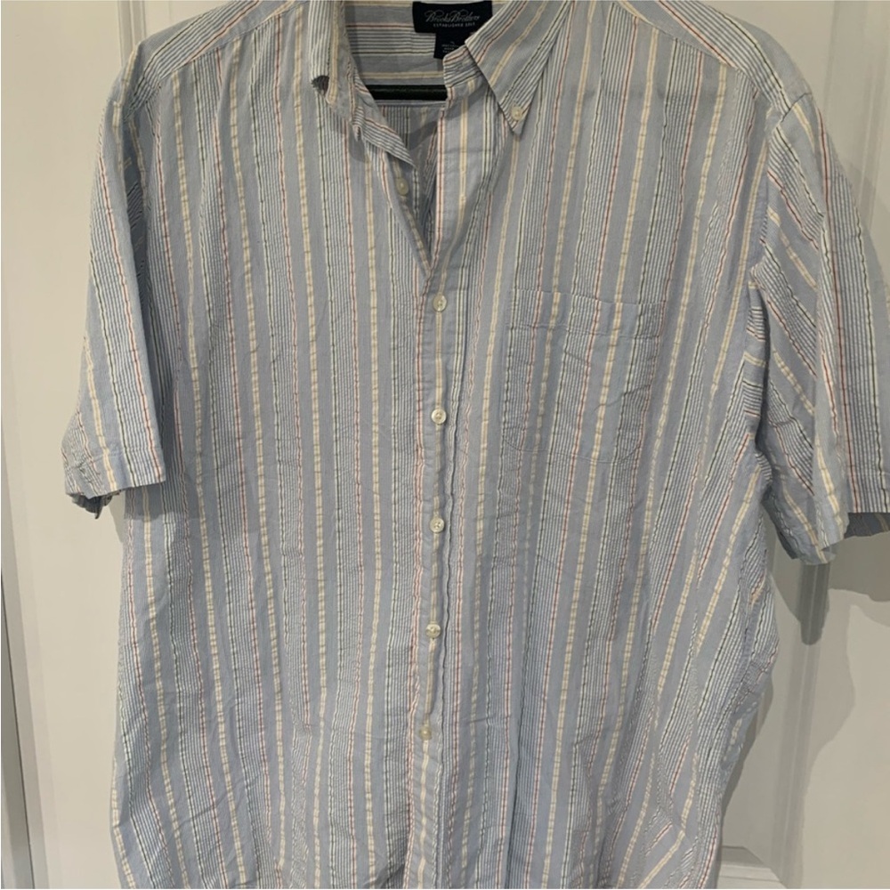 BROOKS BROTHERS BLUE MULTI STRIPE SHORT SLEEVE OXFORD BUTTON UP POLO SHIRT XL